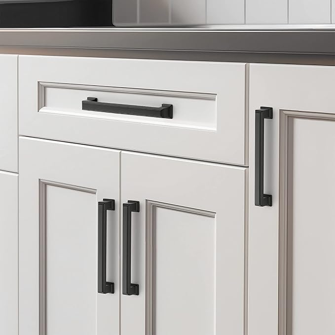 Ravinte Hardware 20 Pack Matte Black Cabinet Pulls, 5 Inch (128mm) Hole Center Zinc Alloy Drawer Handles for Kitchen Cabinets, Cupboards, Dressers, Square Solid Metal Hardware