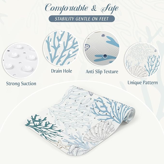 SHUCHING Starfish Coral Bath Mat for Tub Non Slip-40 X 16Inch, Bathtub Mat Anti Slip, Long Shower Mat for Bathroom Mold Free, Machine Washable