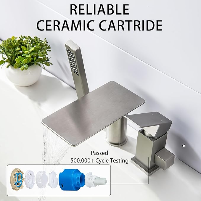 Waterfall Roman Tub Faucet with Sprayer, Deck Mount Tub Faucet Single Handle 3 hole Roman Tub Faucet High Flow Bathtub Faucet Set, Brushed Nickel