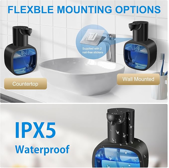 Automatic Foaming Soap Dispenser with 500ml/17oz Capacity, Touchless Soap Dispenser with 4 Level Adjustable, Rechargeable, Wall-Mounted, Waterproof for Kitchen, Bathroom, Hotel, Restaurant