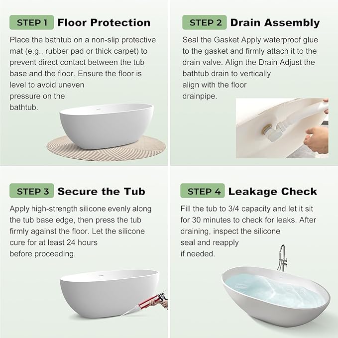 65" Premium Solid Surface Freestanding Bathtub, Upgraded Inside White and Outside Green Stone Resin Tub with Overflow and Pop-up Drain, Matte