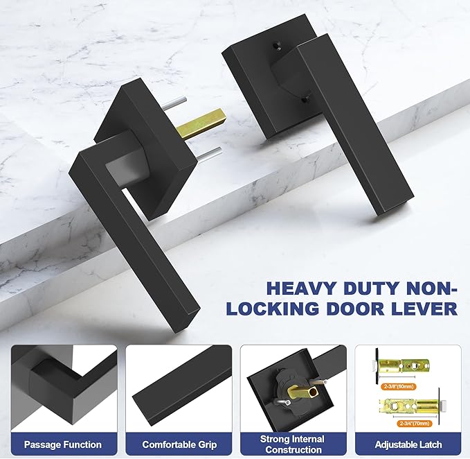 Passage Door Lever, 6 Pack Matte Black Interior Door Handles for Hallway and Closet, Heavy Duty Square Interior Keyless Door Handles Non-Locking Door Knobs for Right & Left Side Door