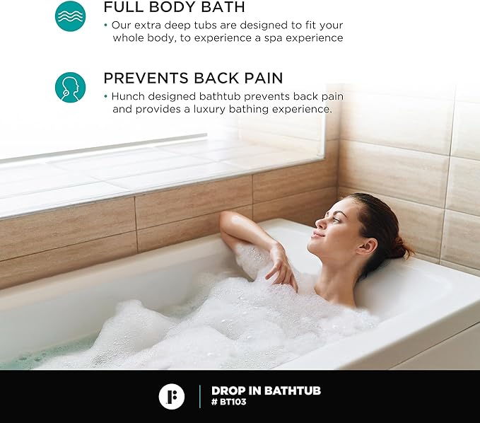 Fine Fixtures Drop In White Soaking Bathtub, Fiberglass Acrylic Material, 66"L x 32"W x 19"H