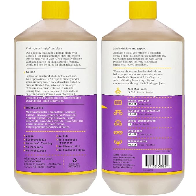 Alaffia Babies & Kids Bubble Bath, Lemon Lavender, Pump Included – Gentle Cleanser with Raw Shea Butter and Lemon Balm, 32 Fl Oz