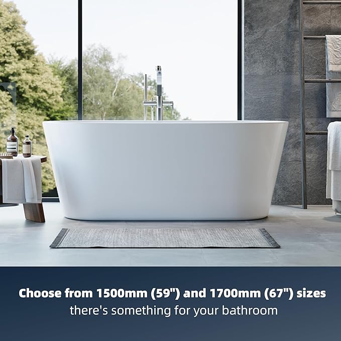 59'' Freestanding Bathtub, Deep Soaking Tub for Adults, Stand Alone Tub with Integrated Overflow Drain, cUPC Certified Modern Bathroom Tub, Acrylic, White
