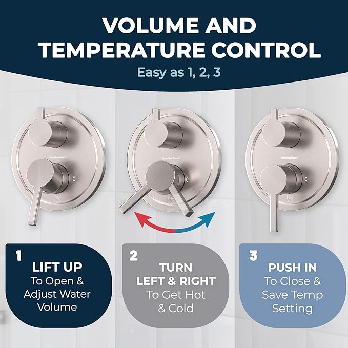 HammerHead Showers Solid Metal Two Handle Shower Valve and Trim Kit Brushed Nickel, Diverts Water Controls Volume and Temperature, Rough-In Shower Trim Kit with Valve and Pressure Balance Shower Valve