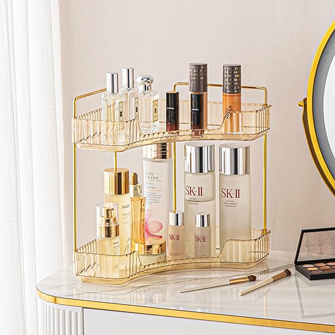 2-Tier Corner Bathroom Counter Organizer – Classic Storage Shelf for Makeup, Perfume & Toiletries, Space-Saving Countertop Tray Fits Bathroom, Dresser, Kitchen (Vintage Gold)