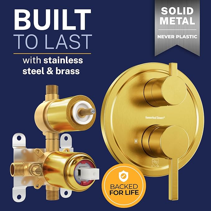 HammerHead Showers Solid Metal Two-Handle Shower Valve and Trim Kit, Volume and Temperature Control with Integrated Diverter, Pressure Balance Rough-In Valve Included, Brushed Gold
