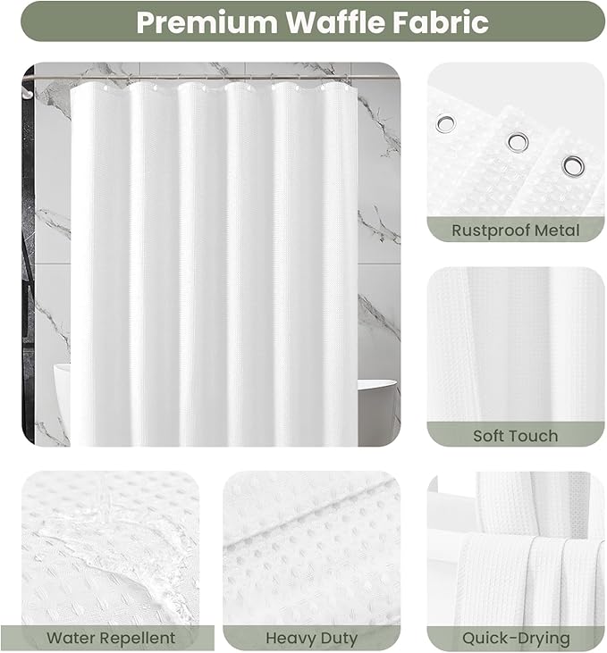 Inhousolu Fabric Shower Curtain Waffle Weave, 230 GSM Heavy Duty, Weighted Hem, 14 Metal Hooks, Water Repellent, Machine Washable, Hotel Spa Luxury Bath Curtain Set, 72 x 84 Inch, White