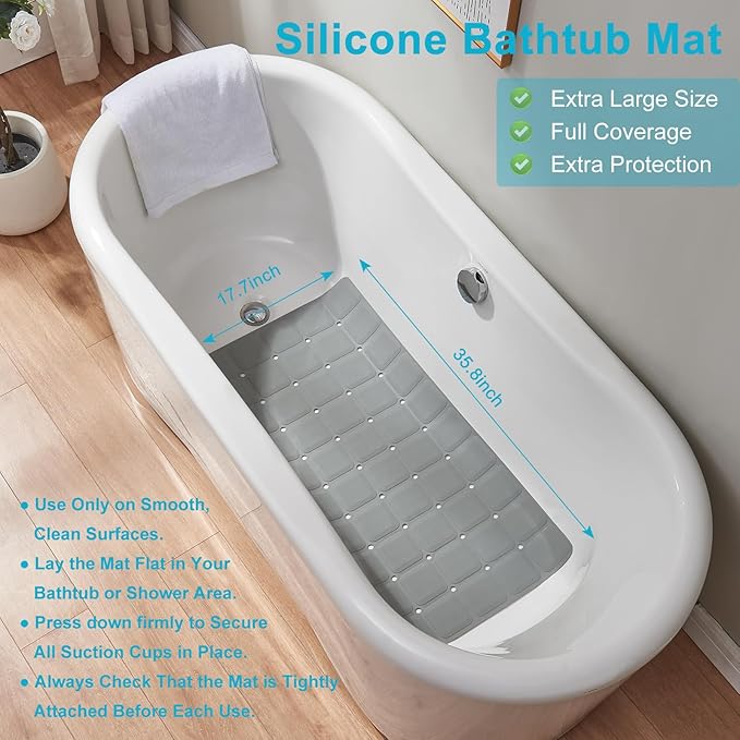 Non-Slip Bath Mat for Tub & Shower：Silicone Foldable Bathtub Mat with Strong Suction Cups, Quick Drain Holes, Machine Washable Extra Large Bathroom Mats 35.8" x 17.7", Grey