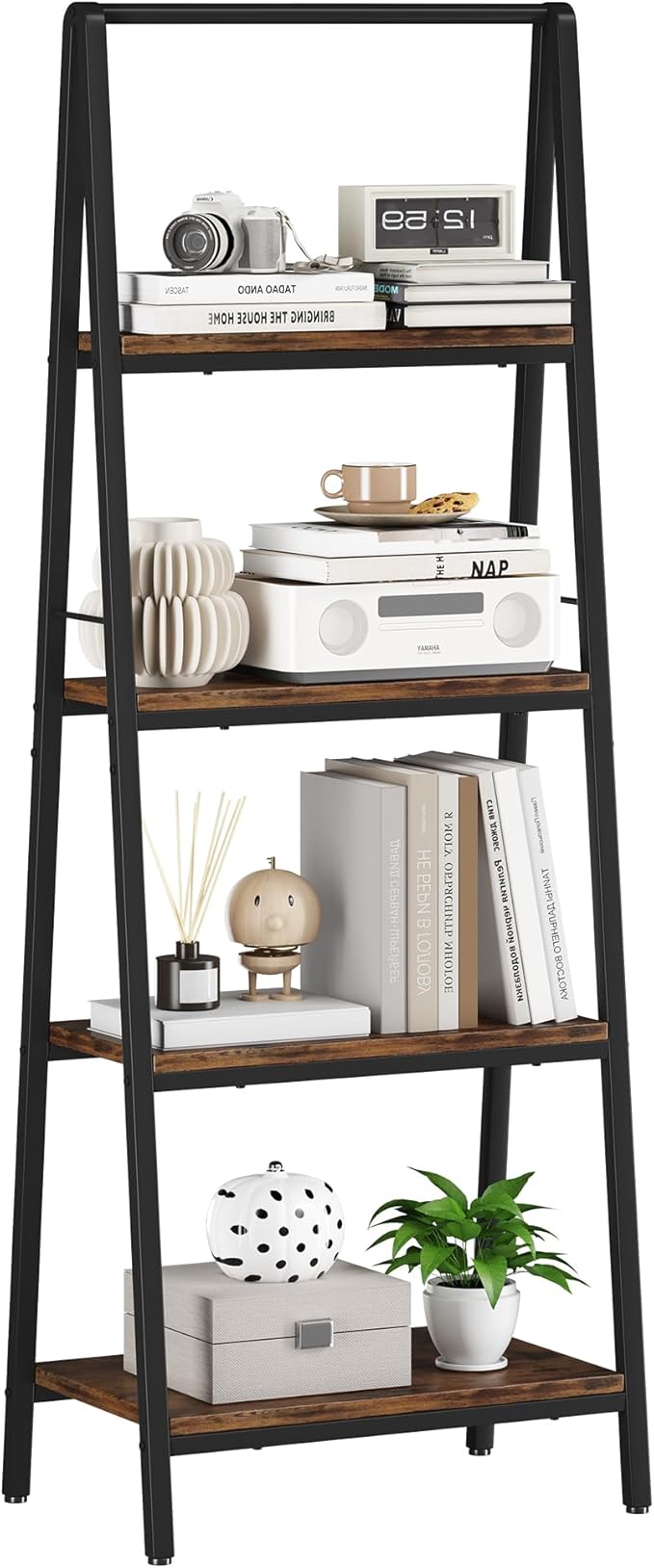 Homeiju 4-Tier Leaning Ladder Bookshelf, Rustic and Wood Ladder Shelf Bookcase, Industrial Ladder Shelf Storage Rack for Home Office, Bedroom, Bathroom or Kitchen