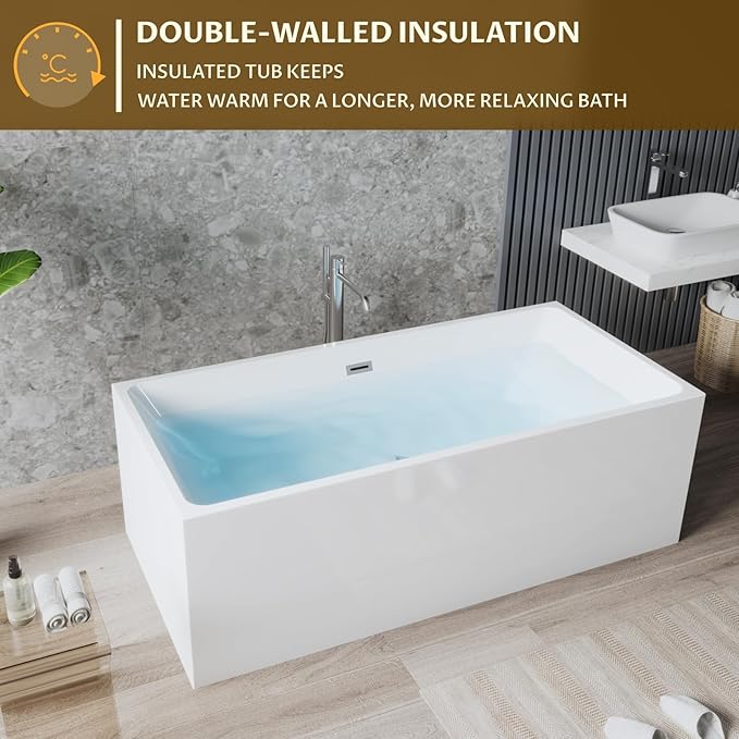 67" Acrylic Soaking Bathtub, Deep Modern Tub with Non-Slip Base, CUPC Certified, Space-Saving Bath with Chrome Drain and Overflow, Easy Install for Small Bathrooms, White