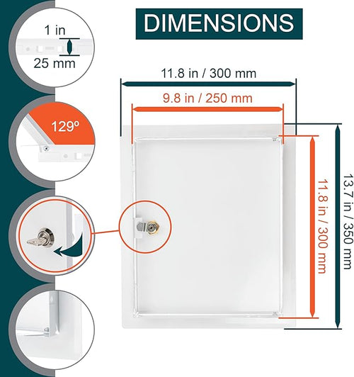 10" x 12" Lockable White Metal Access Door. Service Shaft Wall Panel with Key. Plumbing, Electricity, Heating, Alarm Access Hole Cover