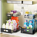 Delamu 2 Pack Metal Bathroom Organizers and Storage, 2 Tier Pull Out Under Sink Organizer with 2 Small Baskets, Adjustable Under Sink Shelf for Multipurpose Cabinet Organizer, Black