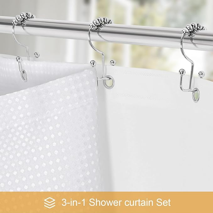 3 in 1 Extra Long Shower Curtain Set-72 W x 84 H, White Waffle and PEVA Liner Set with 12 Stainless Steel Hooks, Waterproof Fabric for Bathroom