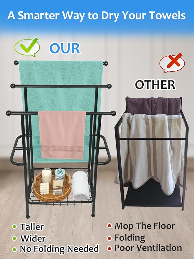 Freestanding Towel Rack, 3-Tier Heavy-Duty Metal Stand with Storage Baskets & Side Bars, Pool Towel and Blanket Holder, Indoor/Outdoor Drying Rack for Bathroom or Bedroom Towel Storage Accessories