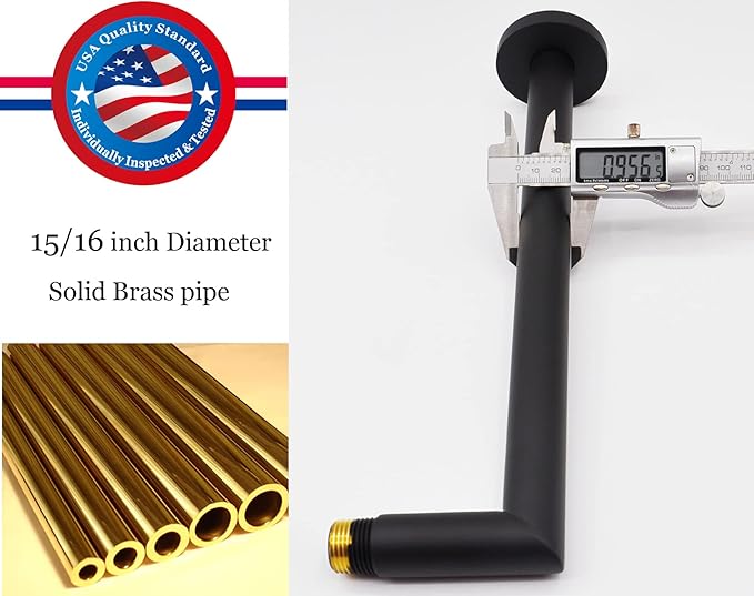 Aquaiaw Shower Arm and O-Ring Flange, 12 inch, Solid Brass, Soldered 90 Degree, Both Soldered 1/2 NPT Tapered Threads, Round, Wall Shower Extension, Rain Shower Head Extension Arm (Matte Black)
