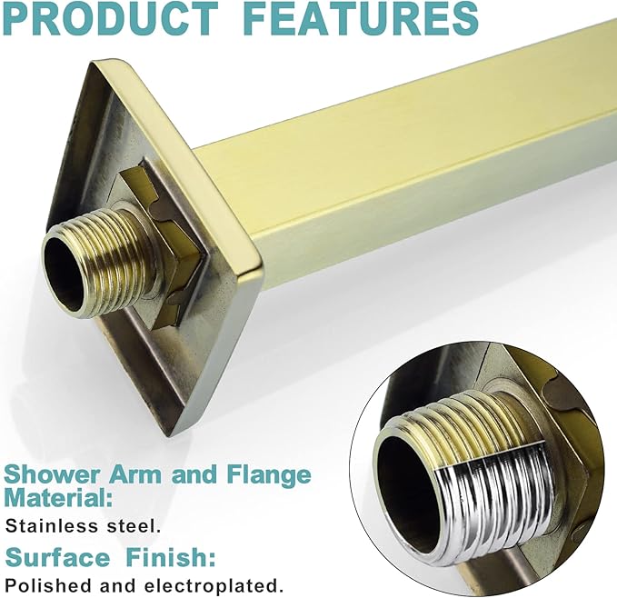 BESTILL 24 Inch Brushed Gold Ceiling Mount Shower Arm and Flange, Square Rain Shower Arm