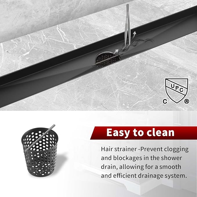 Sharp-tec Linear Shower Drain, 36 inch Shower Drain with Removable Pattern Cover, Matte Black 304 Stainless Steel Rectangle Floor Drain, Adjustable Feet and Hair Strainer Included (Model 101)