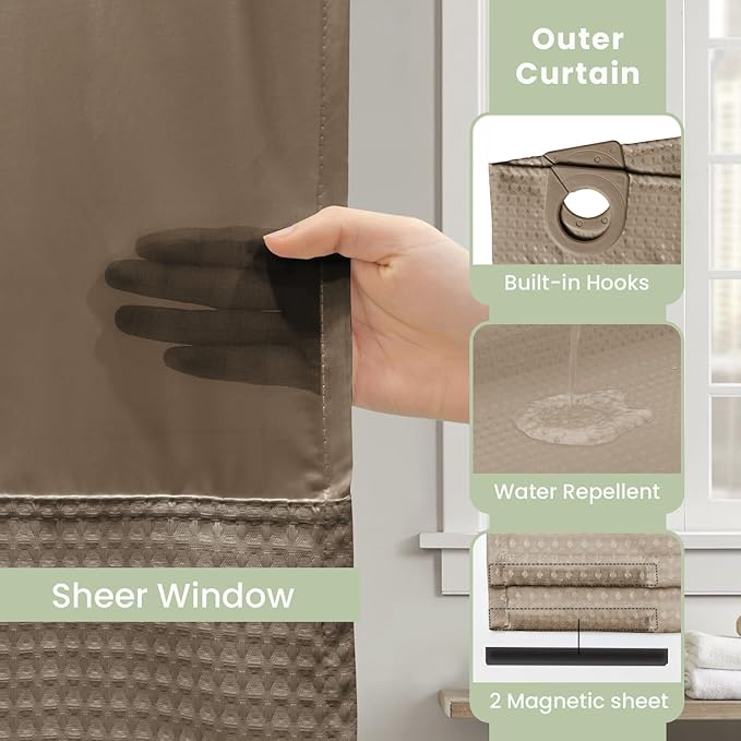 Inhousolu No Hook Shower Curtain with Snap in Fabric Liner Set Waffle Weave 230GSM Weighted Hem, Waterproof & Washable Bathroom Curtain Spa Luxury with Mesh Top Window 72" W x 72" L Beige