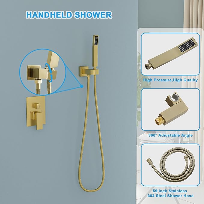 Lordear 12 Inch Rainfall Shower System Wall Mounted Shower Head Faucet Set Gold Brushed Stainless Steel Showerhead with Handheld Combo, Brass Valve Included
