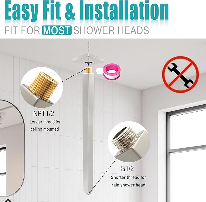 Brushed Nickel Shower Arm with Flange and Teflon Tape for High Ceiling or Fixed Rain Showerhead, Universal Connection 16-inch Square Straight Shower Head Extender Extension Pipe, 304 Stainless Steel