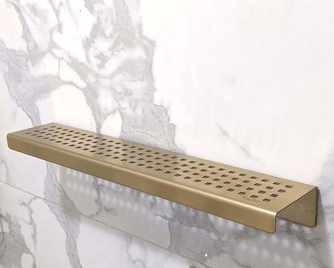 SereneDrains Stainless Steel Gold Brass Shower Shelf for Inside Shower Drill in Wall Mount Small Bathroom Shelf Decor Organizer Rack Caddy Floating (Matte Gold, 16 Inch)