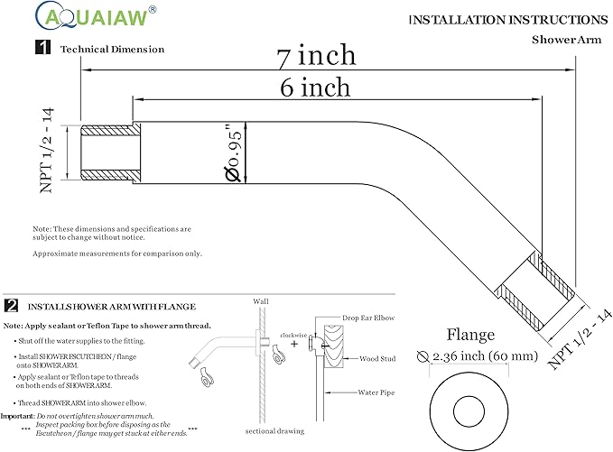 Aquaiaw Shower Arm and O-Ring Flange, 6 inch, Solid Brass, Round, Both Soldered 1/2 NPT Tapered Threads, Wall Mount Shower Arm Extension with Escutcheon, for Rain Shower Head (Polished Chrome)