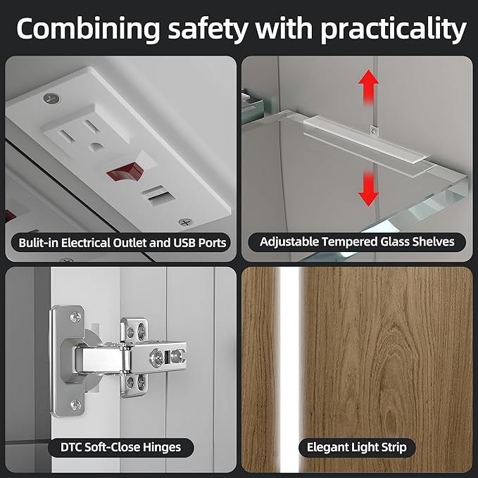 Medicine Cabinet with LED Lights and Mirror, 36 x 32 Inch Surface or Recessed Mounted Bathroom Cabinets with Door, Defogger, Memory Function, 3-Color Mode, Outlet&USB, Dimmer, Storage Shelf
