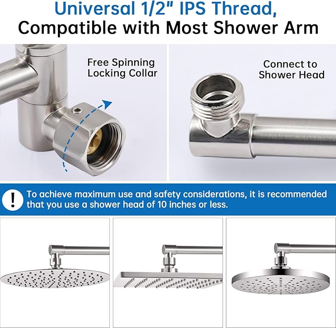 G-Promise 13 Inch Shower Head Extension Arm, Solid Brass Height & Angle Adjustable Extender, Rise or Lower Rainfall and Fixed Shower Head (Brushed Nickel)