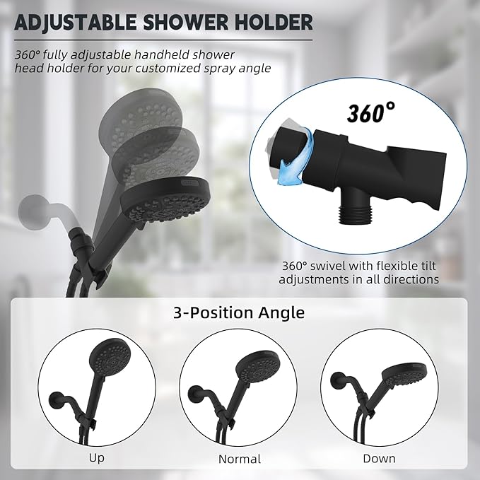 Hibbent Universal All Metal Handheld Shower Head Holder, Adjustable Solid Brass Shower Wand Holder, 2 Size Shower Bracket Holes for Bathroom, Fits All Showerhead Hoses & Shower Arm, Matte Black