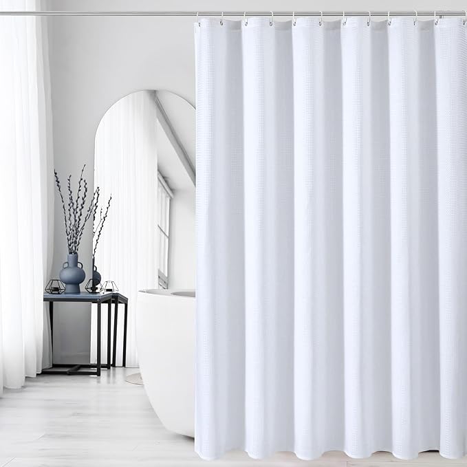 Gibelle White Shower Curtain, Waffle Weave Textured Fabric Shower Curtain for Bathroom - Soft Cloth & Hotel Spa Luxury, Water Repellent, Machine Washable, 72X72, White