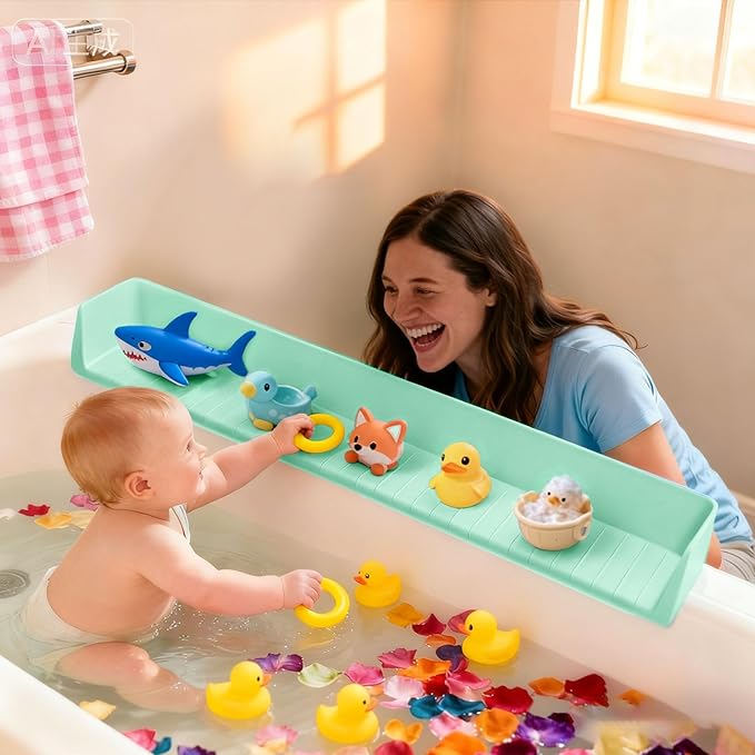 Splash Guard for Bathtub Kids, Longer Silicone Bathtub Splash Guard with 11 Suction Cups, Bath Tub Play Shelf for Kids & Toy Holder, Prevent Water Spill in Bathroom, Green