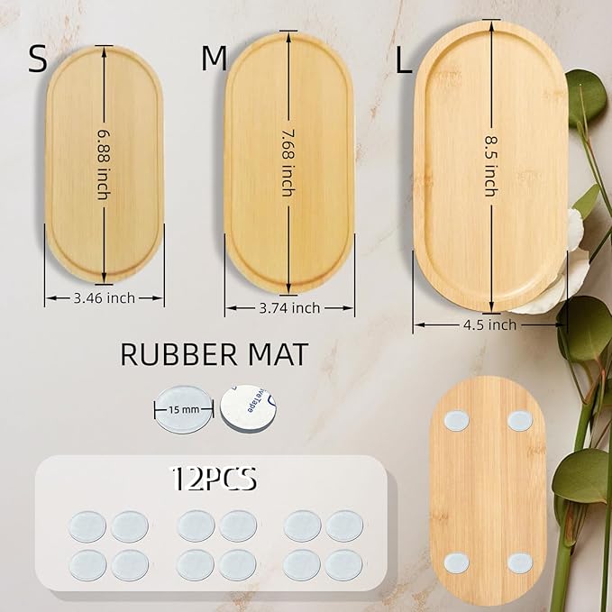3PCS Bamboo Bathroom Trays - Suitable for The Bathroom,Kitchen,Breakfast Tray and Decorative Tray (6.88 * 3.46 in/7.68 * 3.74 in/8.46 * 4.53 in)