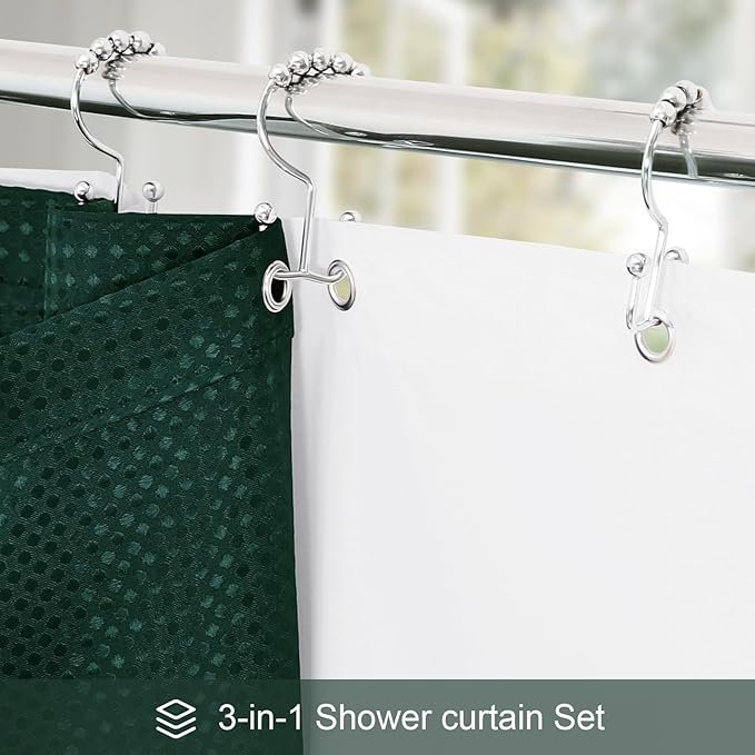 3 in 1 Extra Long Dark Green Shower Curtain Set-72 W x 84 H, Modern Waffle and PEVA Liner Set with 12 Stainless Steel Hooks, Waterproof Fabric for Bathroom