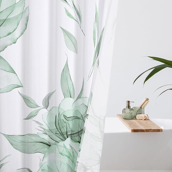 Extra Long Boho Watercolor Floral Shower Curtain 72 x 84, Green and Grey Ink Painting Style Flower Shower Curtains for Chic Elegant Bathroom, Artistic XL Fabric Cloth Shower Curtain