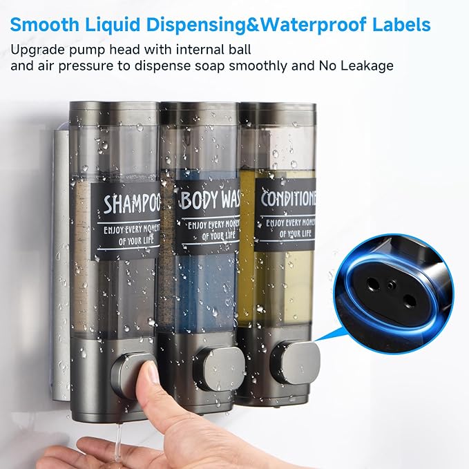 Shampoo and Conditioner Dispenser,GlintGath Shower Dispenser 3 Chamber No Drill Shampoo Dispenser for Shower Wall Mounted Shower Soap Dispenser for Bathroom Hotel,3 * 300ML,Gun Gray