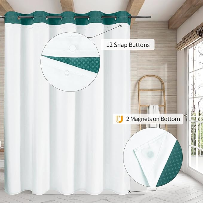 MitoVilla No Hooks Needed Dark Green Waffle Shower Curtain Liner Set, Modern Waffle Weave Fabric Cloth Shower Curtain with Snap-in Liner for Luxury Neutral Hotel Spa Bathroom Decor, 72 x 74