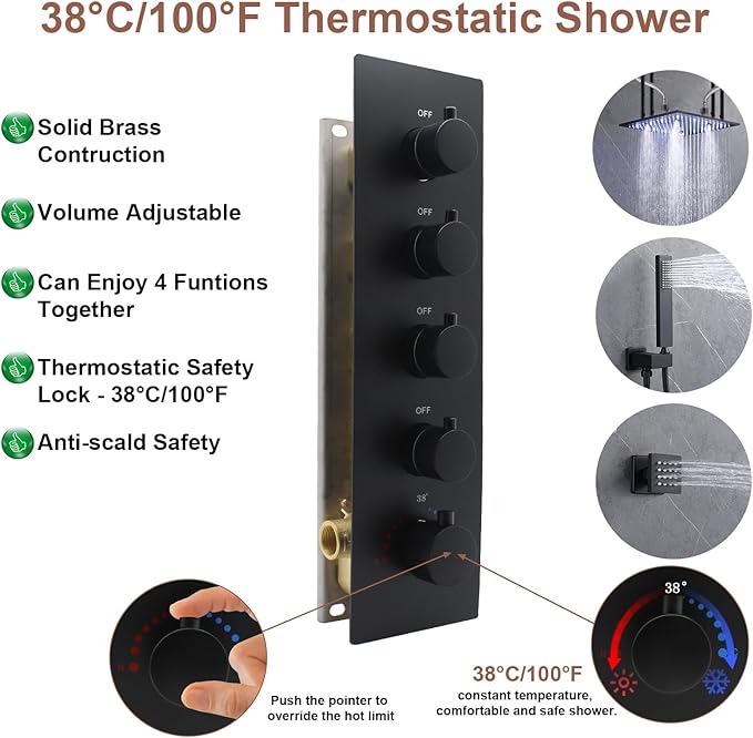 HOMEDEC Black 4-Function Shower Diverter Valve, 4 Ways Thermostatic Brass Mixer Mixing Shower Valve, Can Use All Options At a Time