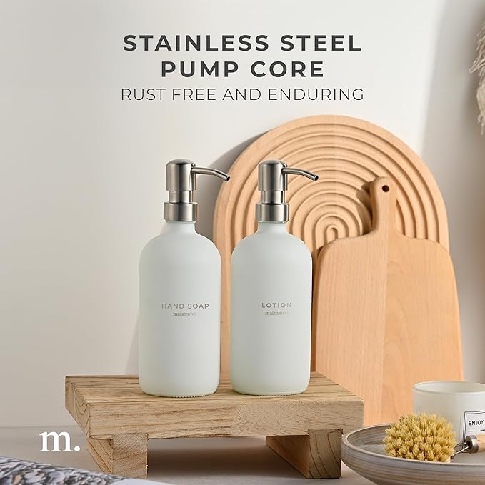 MaisoNovo Soap Dispenser 2-Piece Set | 16.9oz White Bottles with Silver Stainless Steel Pumps