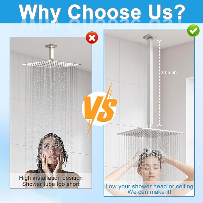 Ceiling Mount Shower Arm with Flange 20 Inches Square Straight Extender Extension Pipe Replacement, Long Shower Arm For Fixed Rain Shower Head or High Ceiling,Brushed Nickel