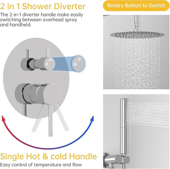 BESy Shower System with 10 Inch Round Rain Shower Head and Handheld Wall Mounted, High Pressure Rainfall Shower Faucet Fixture Combo Set with 2 in 1 Handheld Showerhead for Bathroom, Polished Chrome