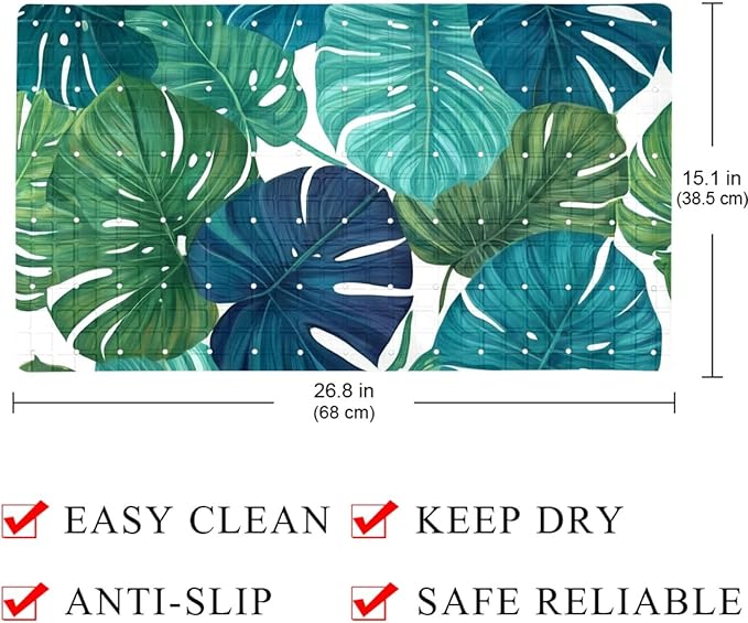 Bath Tub and Shower Mats, Non Slip Bathmat with Drain Holes and Suction Cups for Bathroom Floor, 15.1 x 26.8 Inch (Summer Jungle Plants)