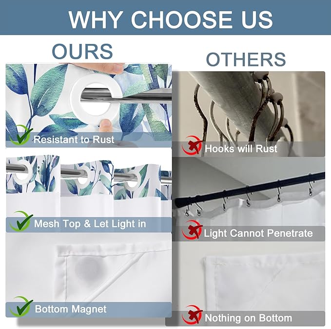 No Hook Shower Curtain and Liner Set, Blue Eucalyptus Floral Shower Curtains for Bathroom, Bath Curtain Sets with Snap in Liner, Waterproof with See Through Top Window, 54x80 Inches