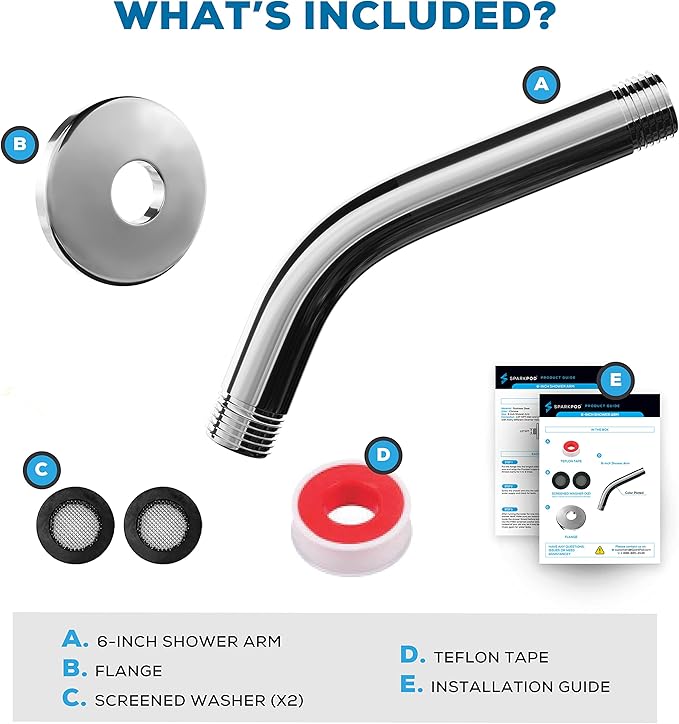 SparkPod 6 Inch Shower Arm with Flange - Solid Stainless Steel Shower Head Extension Arm, Wall-Mounted for Fixed & Handheld Showerheads - Teflon Tape Included (Standard 6", Luxury Polished Chrome)