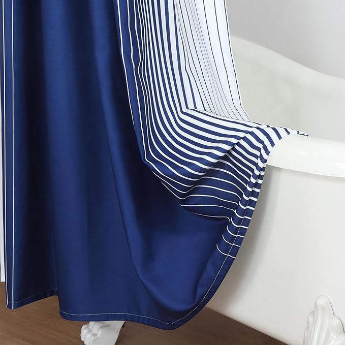 90 Inch Blue Shower Curtain, Extra Long Modern Navy Blue and White Gradient Vertical Stripe Waterproof Polyester Shower Curtains for Bathroom, 72x90 Inches