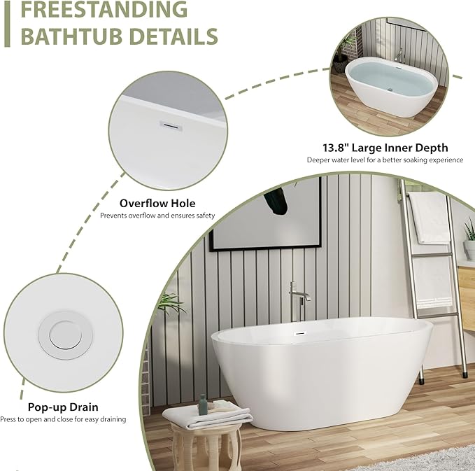 59" Acrylic Freestanding Bathtub - Mocoloo White Oval Shape Soaking Bath Tub with Stainless Drain and Overflow Assembly for Classic Modern Bathrooms
