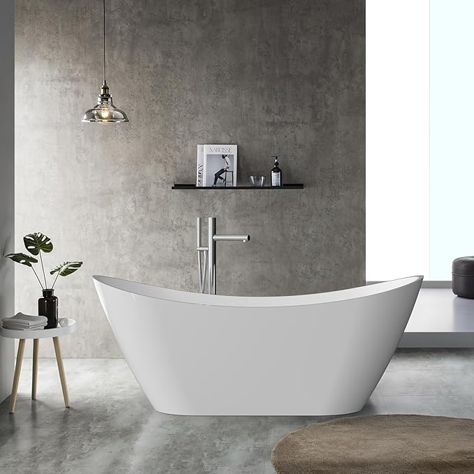 59 Inch Acrylic Freestanding Bathtub, Soaking Bathtub with Matte Drain and Overflow, Modern Square Tub with Deep Ergonomic Design, Double-Walled Insulation for Bathroom Relaxation, cUPC Certified