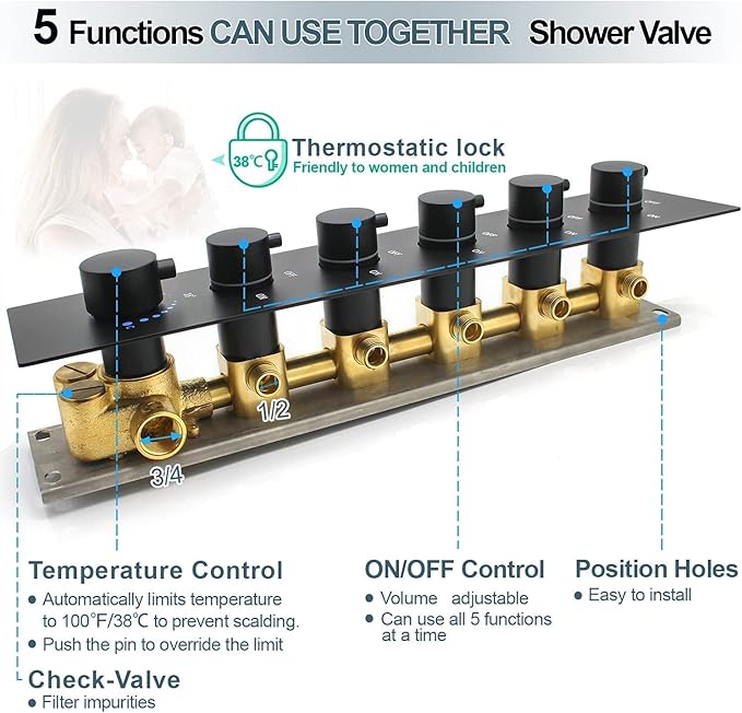 HOMEDEC Matte Black 5-Way Shower Diverter Valve Kit, 5 Port Concealed Brass Thermostatic Mixer Shower Control Valve Kit Replacement