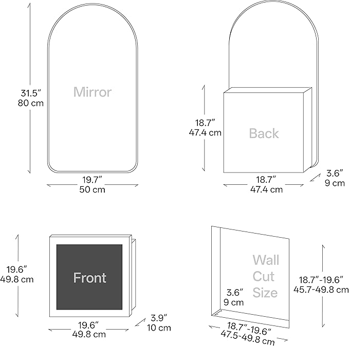 Arched Bathroom Medicine Cabinet with Mirror, No Assembly Needed, Recessed or Surface Mount Wall Storage Cabinet, Mirror Cabinet with Tissue Slot & 2X Magnifying Mirror (Black, 31.5"L x 19.7")
